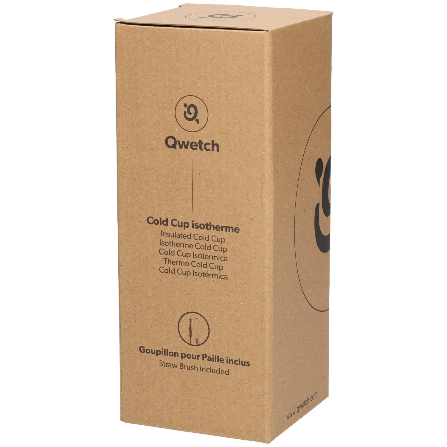 Kartonnen verpakking met Qwetch-logo en productnaam. Rietjesborstel inbegrepen.