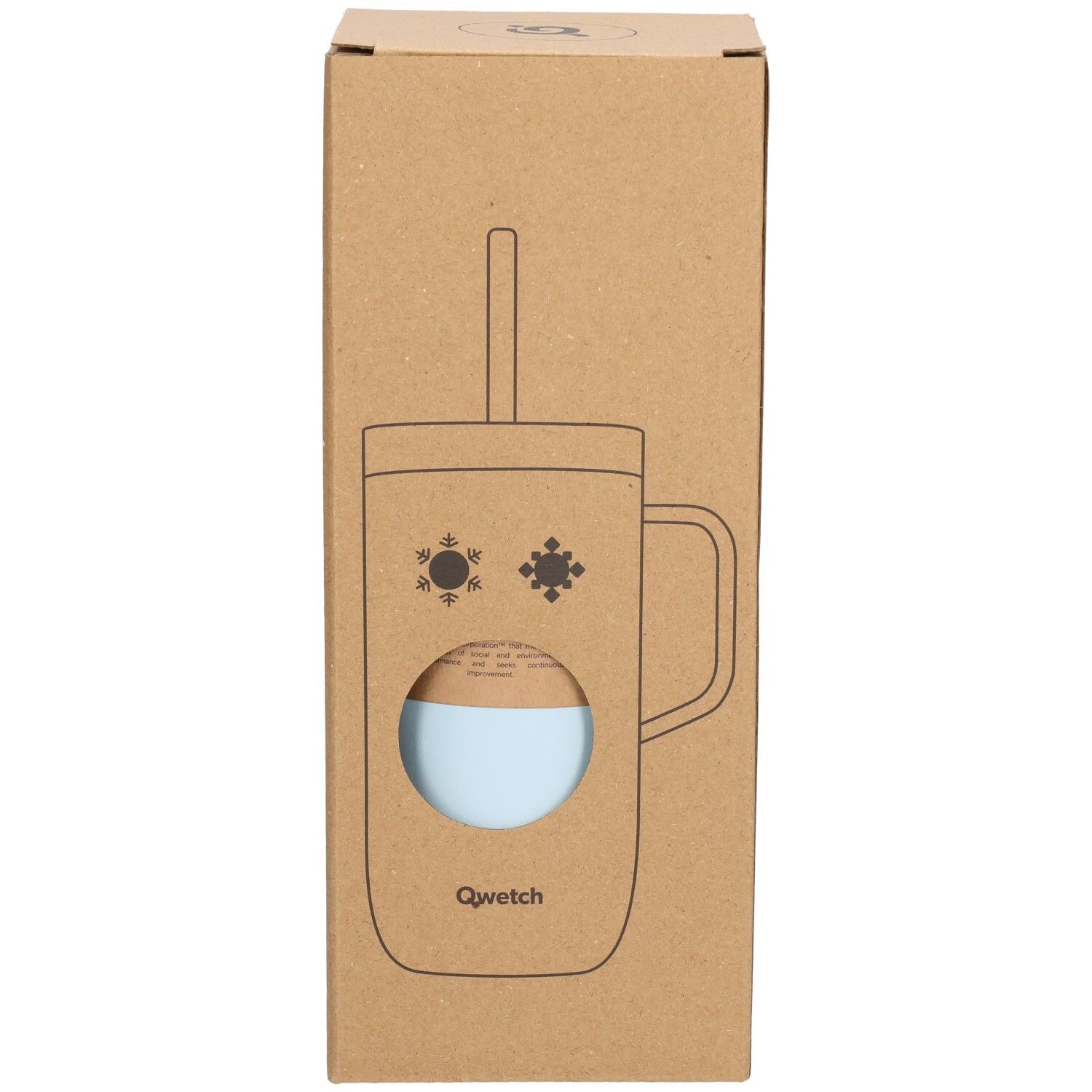Kartonnen verpakking met schets van een blauwe thermobeker met handvat en rietje. Qwetch-logo.