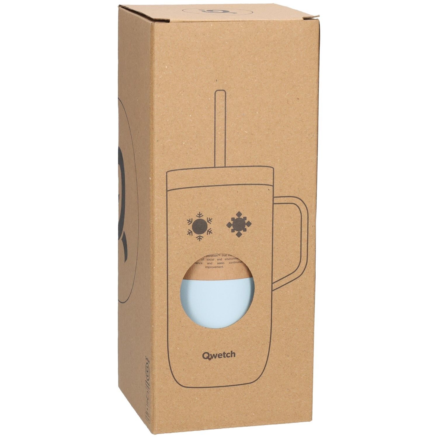 Kartonnen verpakking met schets van een blauwe thermobeker met handvat en rietje. Qwetch-logo.