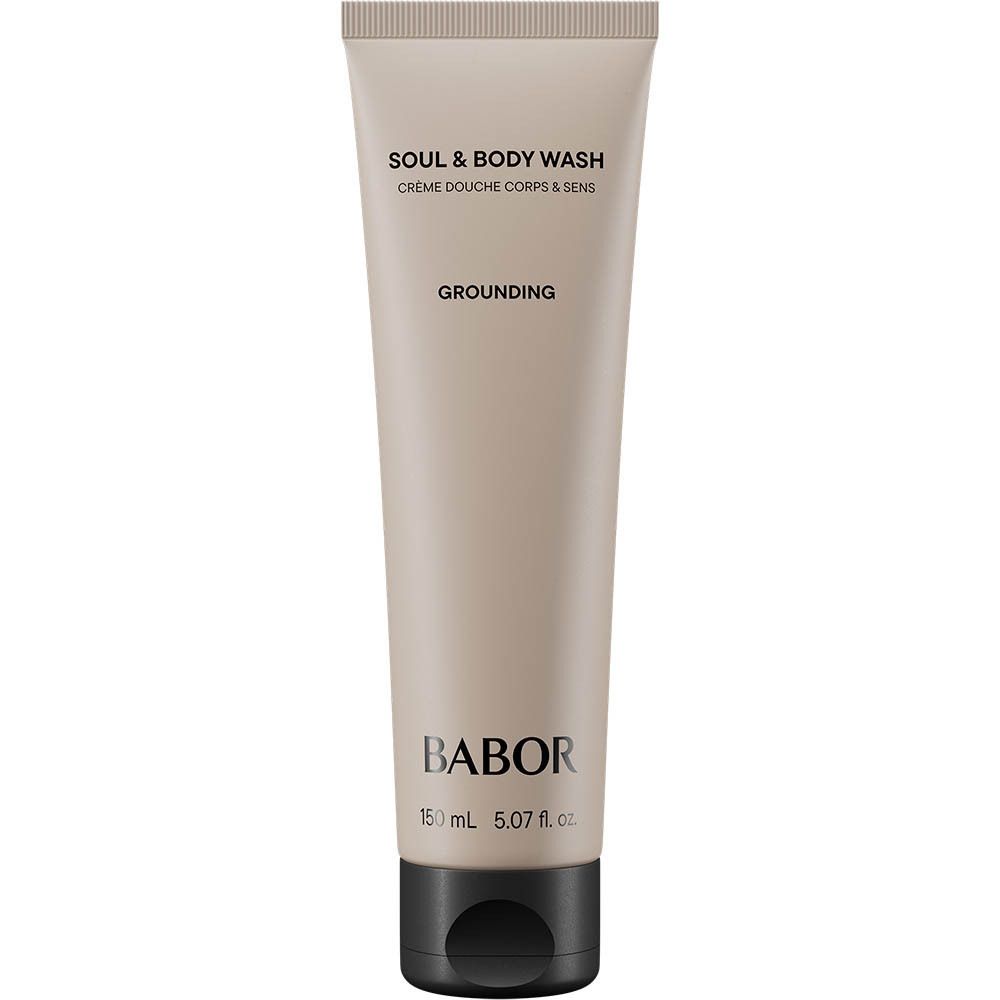 Beige tube met zwarte dop. Opschrift: Soul & Body Wash, Grounding, Babor. Onderaan: 150 ml, 5.07 fl. oz.