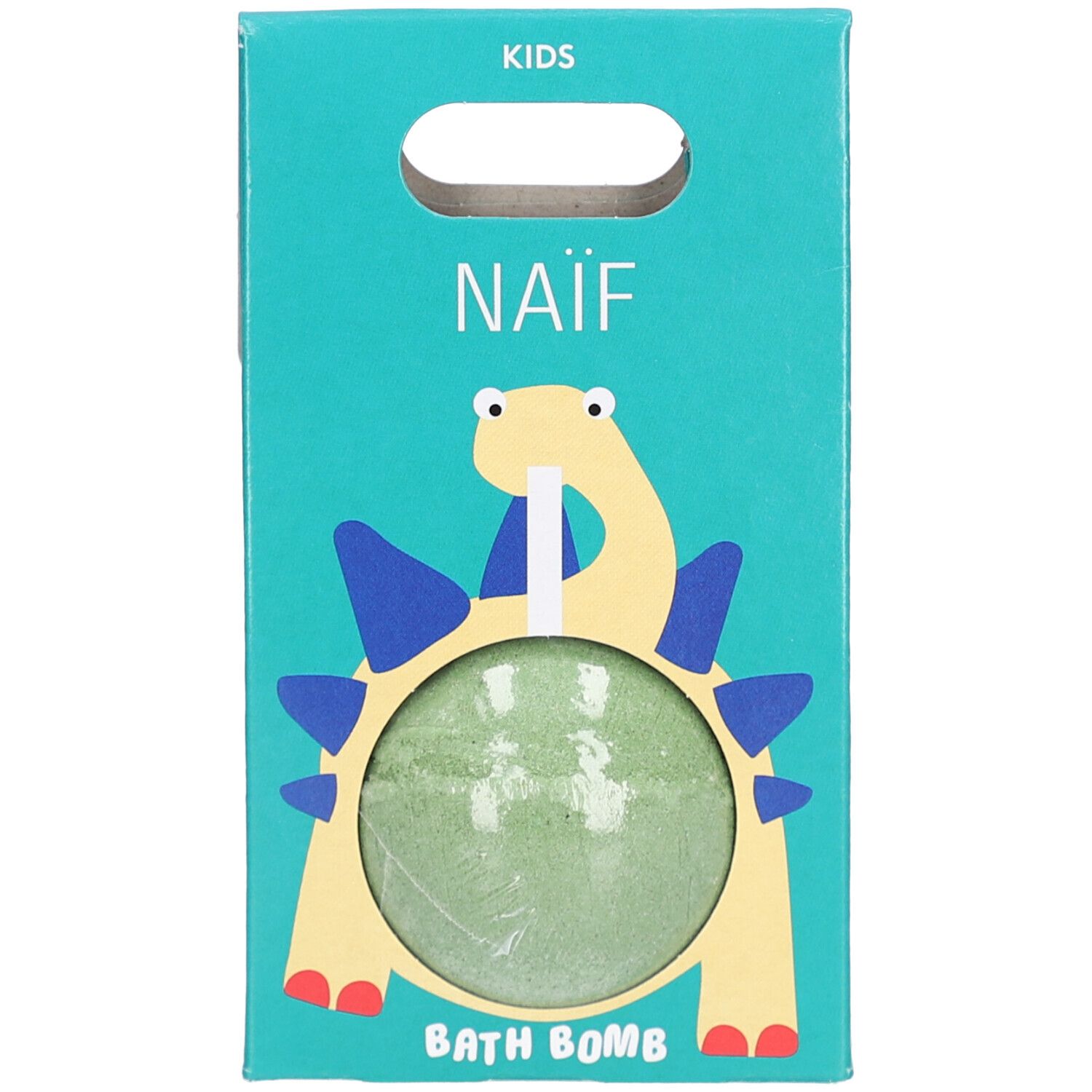 Bombe de bain verte dans un emballage turquoise avec illustration de dinosaure. Inscription : NAÏF, BATH BOMB. Emballage avec poignée.
