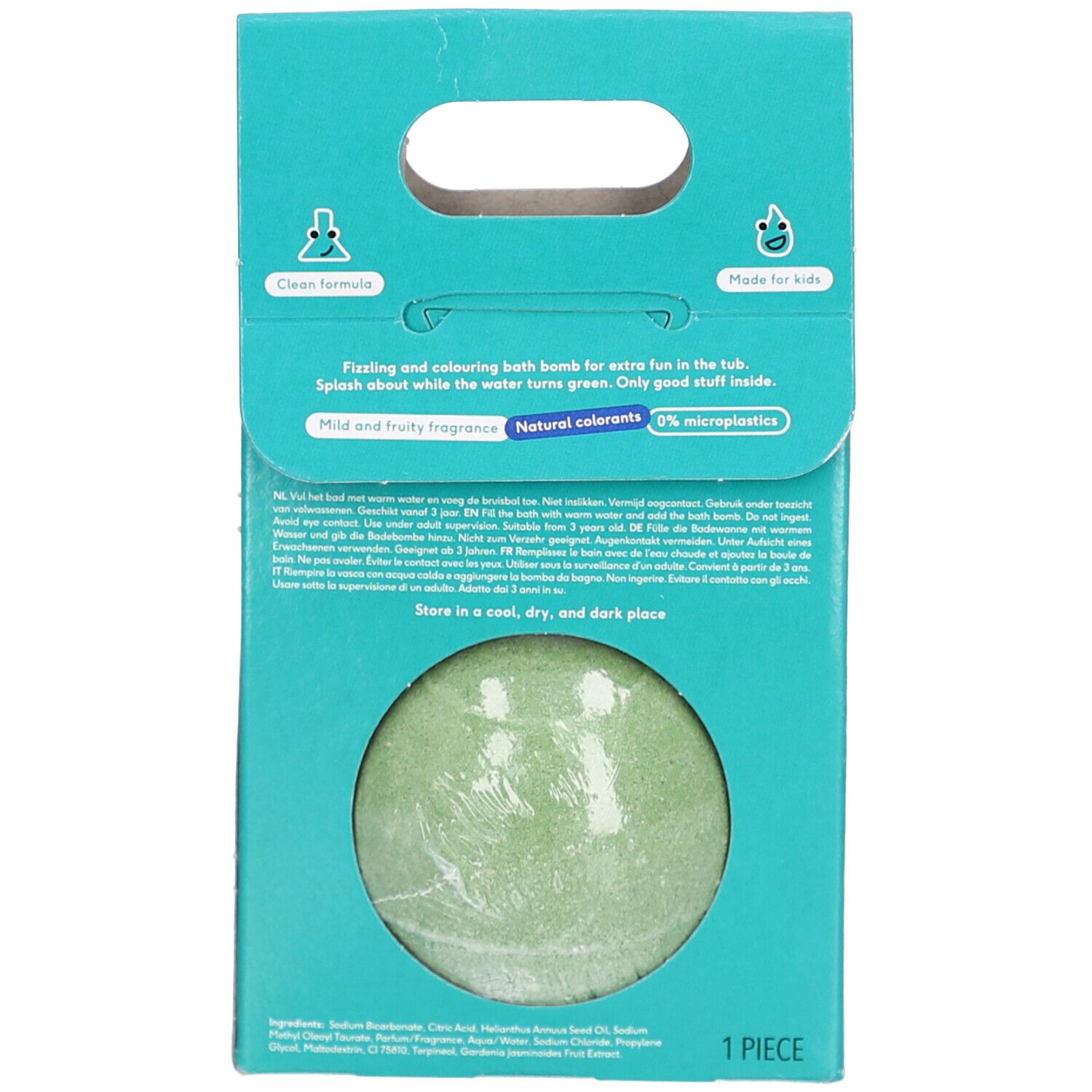 Dos de l'emballage avec bombe de bain verte. Texte : Clean formula, Made for kids, Natural colorants, 0% microplastics. 1 pièce.