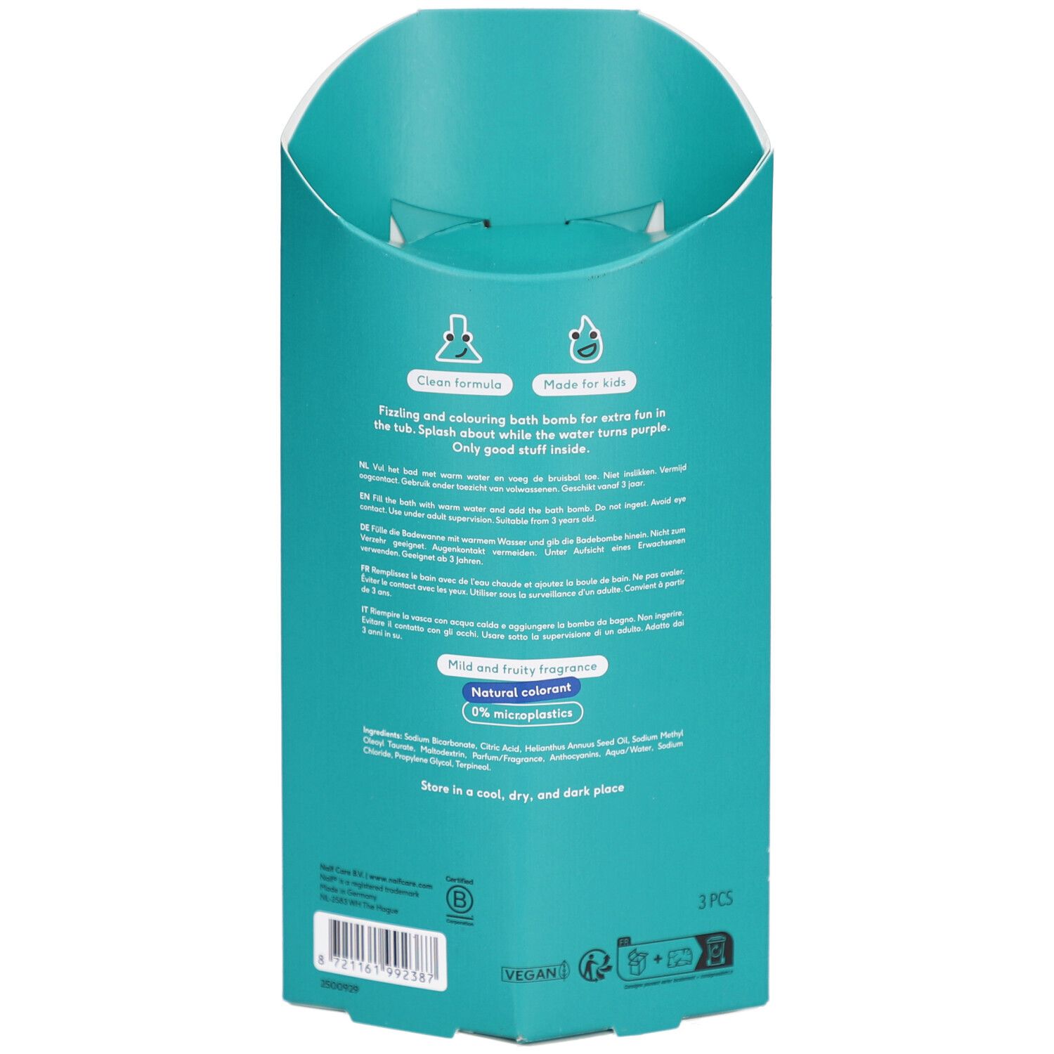 Dos de l'emballage. Texte multilingue. Contient des informations sur les ingrédients et les certifications.