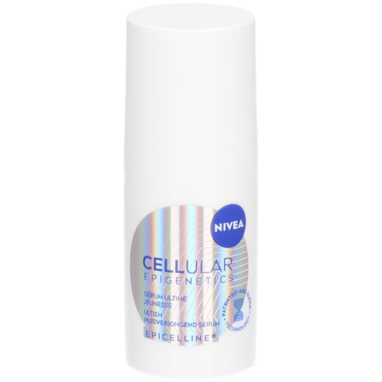 Witte fles NIVEA Cellular Epigenetics Serum. Label met productnaam en logo. Blauwe en zilveren accenten.