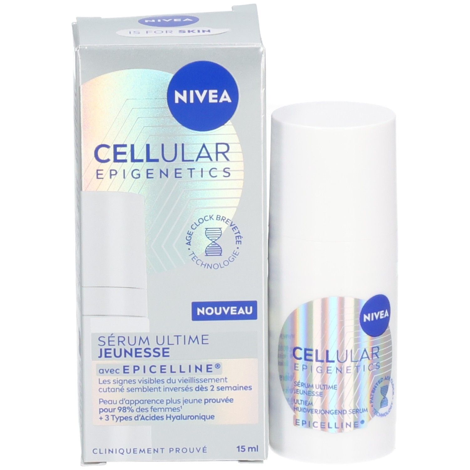 NIVEA Cellular Epigenetics Serum Ultime Jeunesse, fles en verpakking. Verpakking met productnaam, logo en informatie.