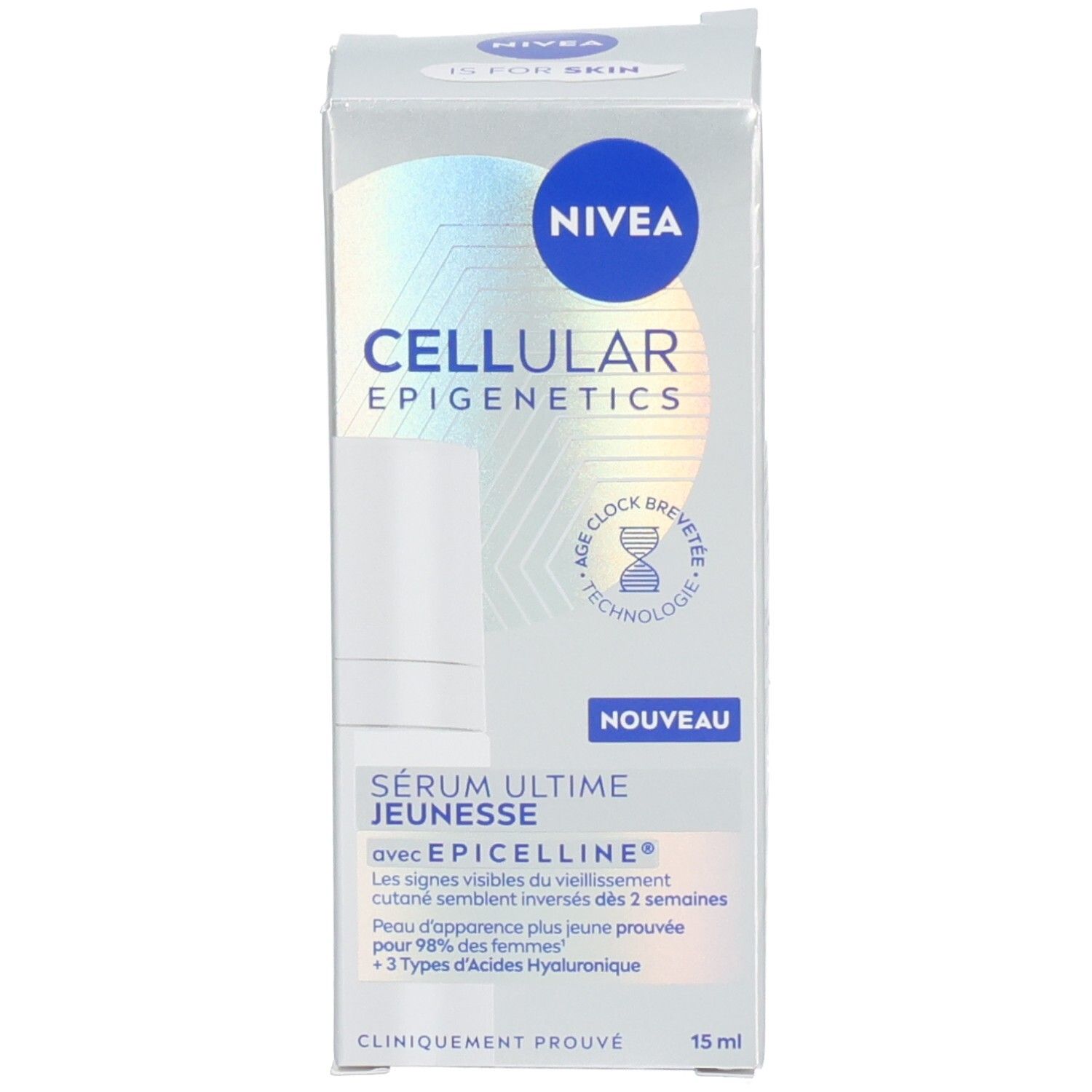 Verpakking van NIVEA Cellular Epigenetics Serum Ultime Jeunesse. Productnaam, logo en informatie op de verpakking.
