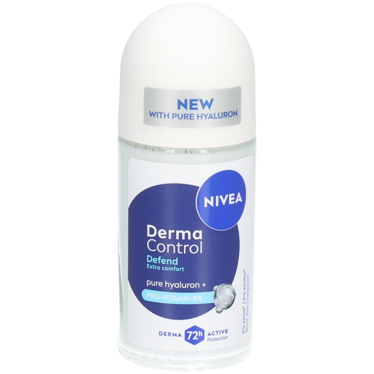 Roll-on deodorant met witte dop en blauw-wit etiket. Opschrift: NIVEA Derma Control Defend, met hyaluron en pro-vitamine B5.