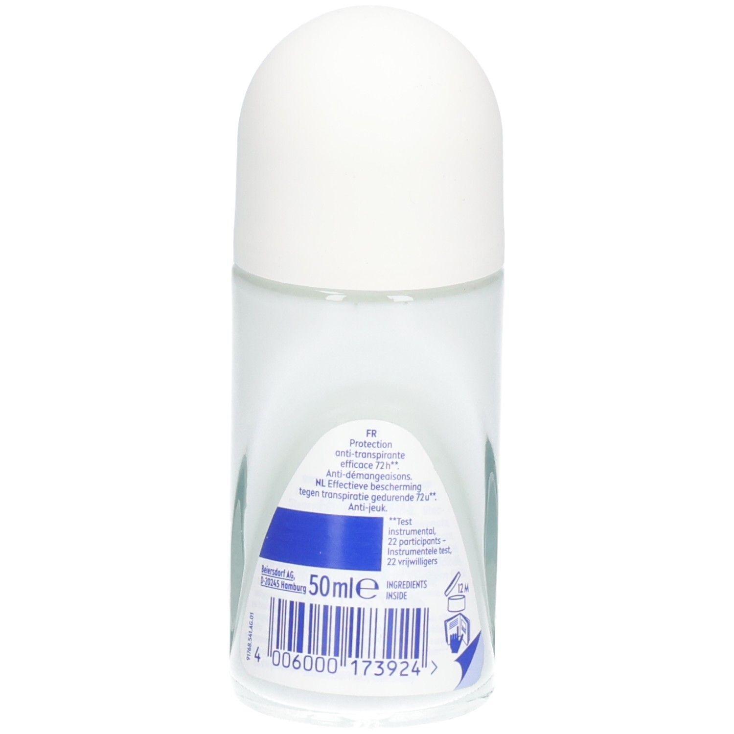 Achterkant van de roll-on deodorant. Transparante fles met tekst en barcode. Opschrift: 50ml, ingrediënten.