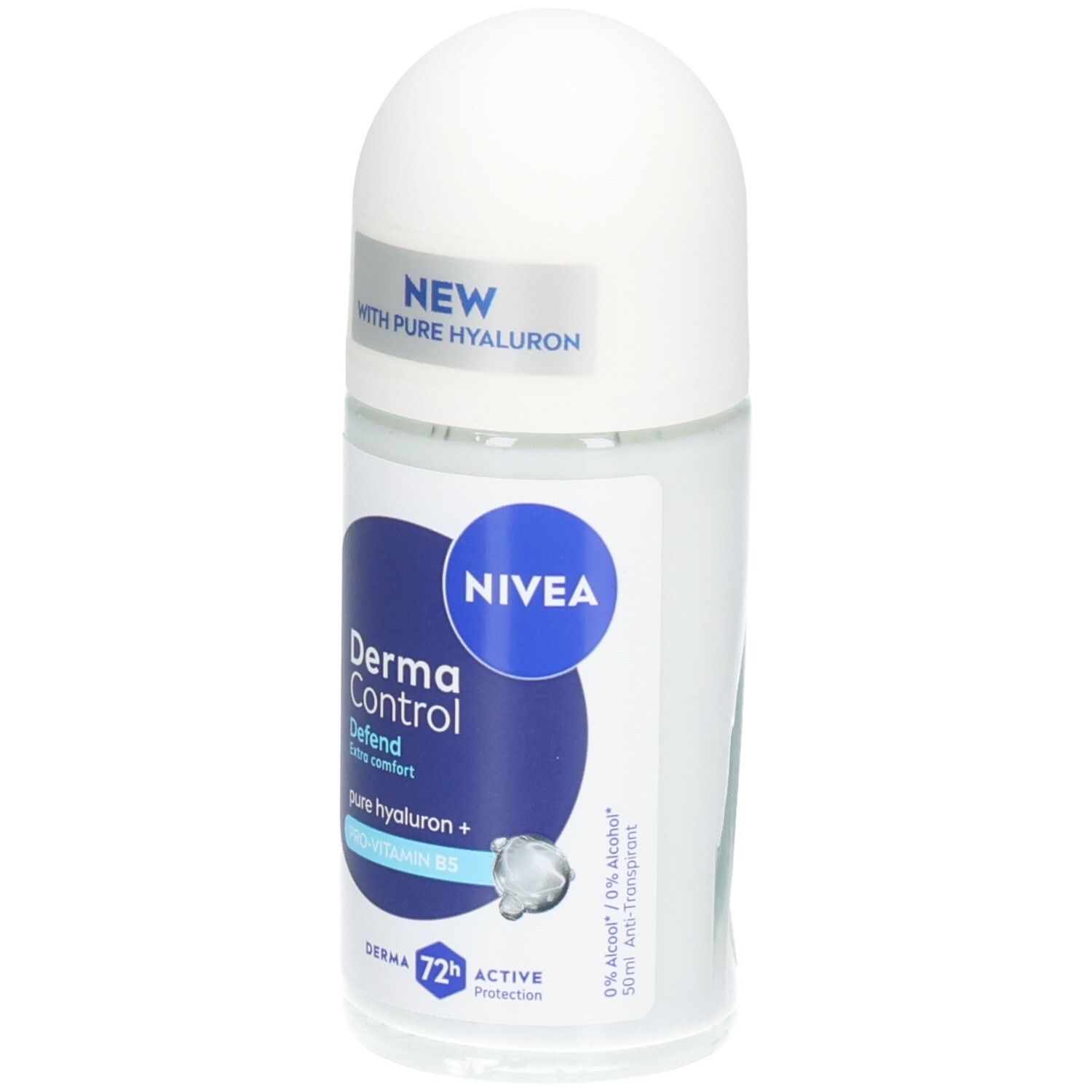 Roll-on deodorant met witte dop en blauw-wit etiket. Opschrift: NIVEA Derma Control Defend, met hyaluron en pro-vitamine B5.