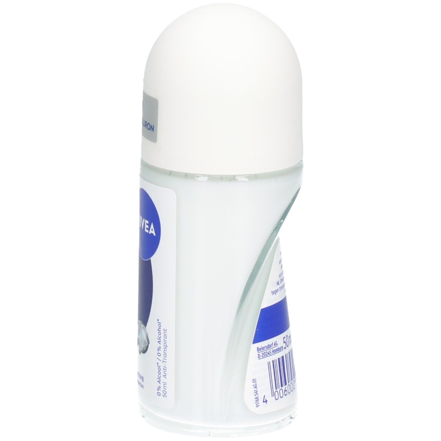 Zijaanzicht van de roll-on deodorant. Witte dop, transparante fles met blauw-wit etiket. Opschrift: NIVEA.