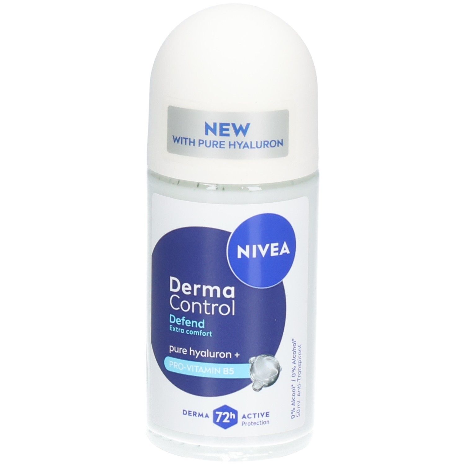 Roll-on deodorant met witte dop en blauw-wit etiket. Opschrift: NIVEA Derma Control Defend, met hyaluron en pro-vitamine B5.