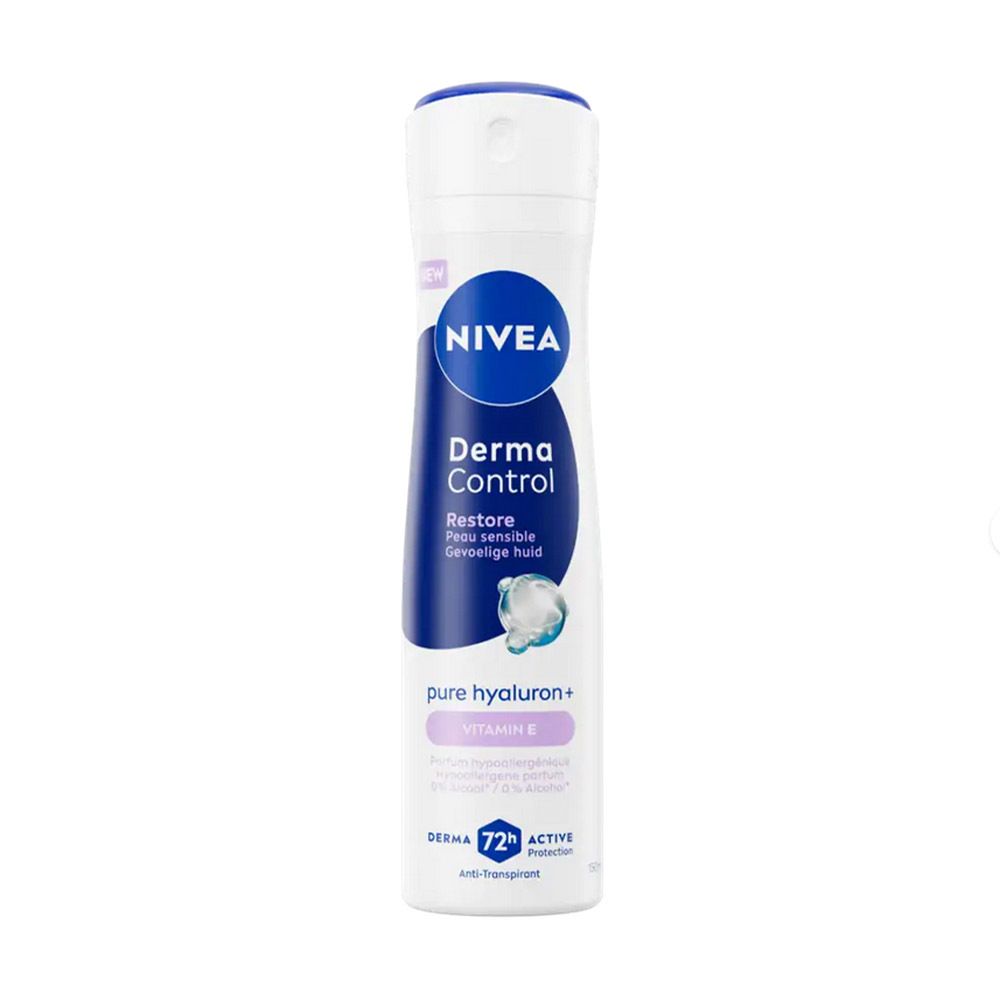 Flacon spray blanc et bleu. Inscription NIVEA, Derma Control, Restore. Contient de l'hyaluron et de la vitamine E. 72h Active.