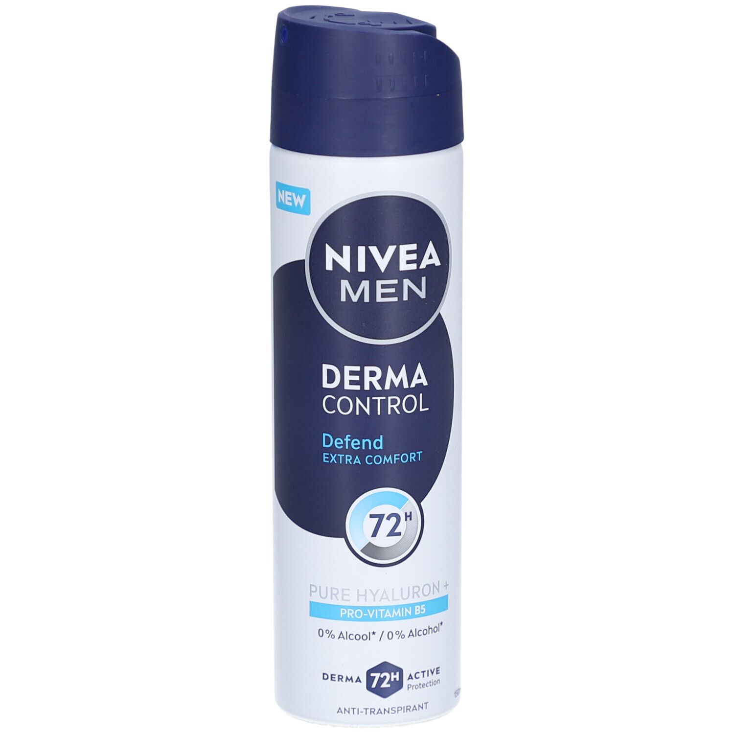 Wit en blauw spuitbus. Opschrift: NIVEA MEN, Derma Control, Defend, Extra Comfort. Met 72h-aanduiding. Bevat hyaluron en provitamine B5.