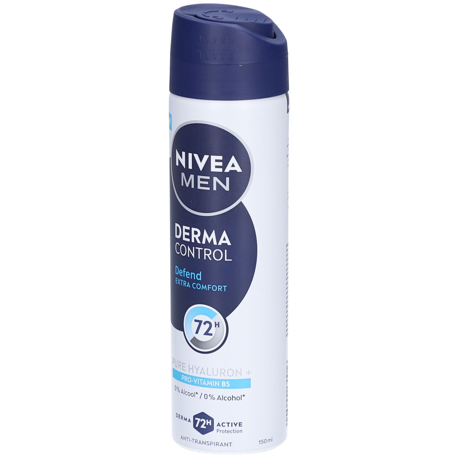 Wit en blauw spuitbus. Opschrift: NIVEA MEN, Derma Control, Defend, Extra Comfort. Met 72h-aanduiding. Bevat hyaluron en provitamine B5.