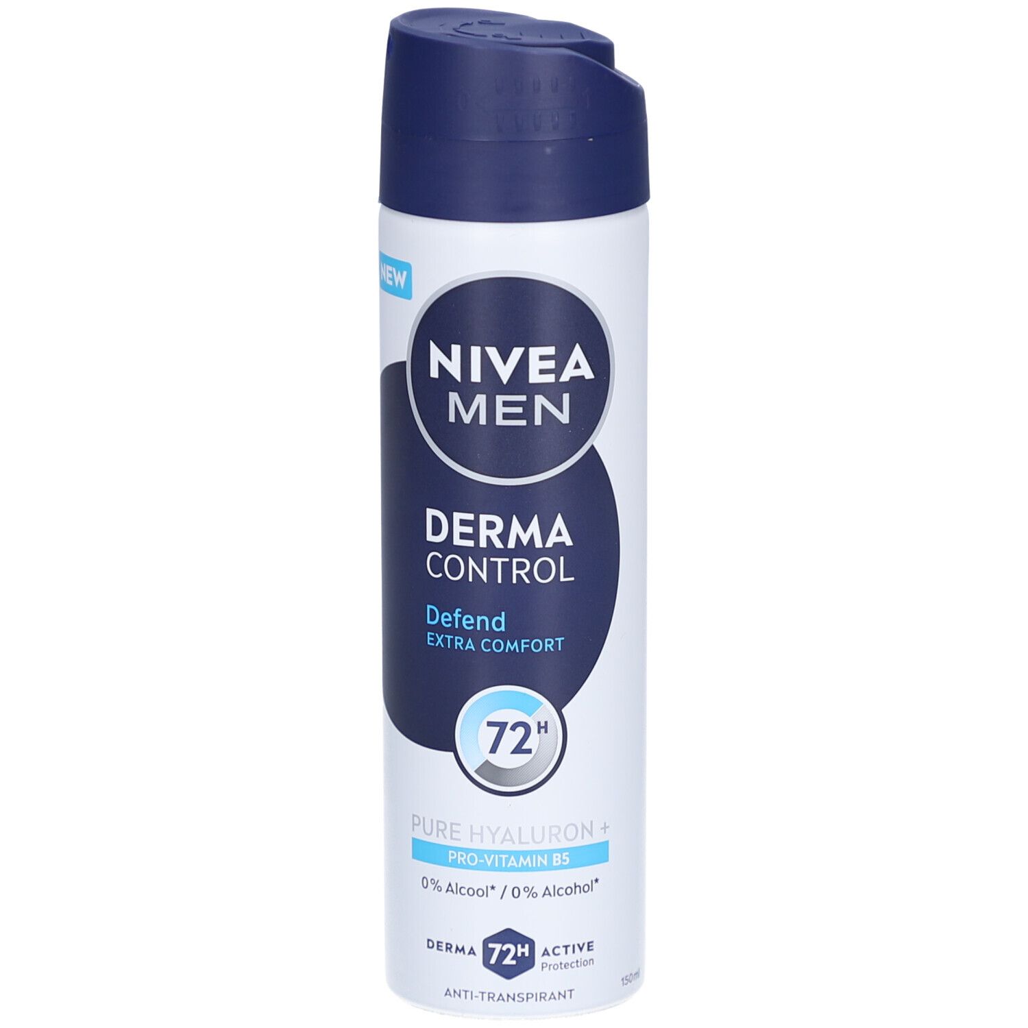 Wit en blauw spuitbus. Opschrift: NIVEA MEN, Derma Control, Defend, Extra Comfort. Met 72h-aanduiding. Bevat hyaluron en provitamine B5.