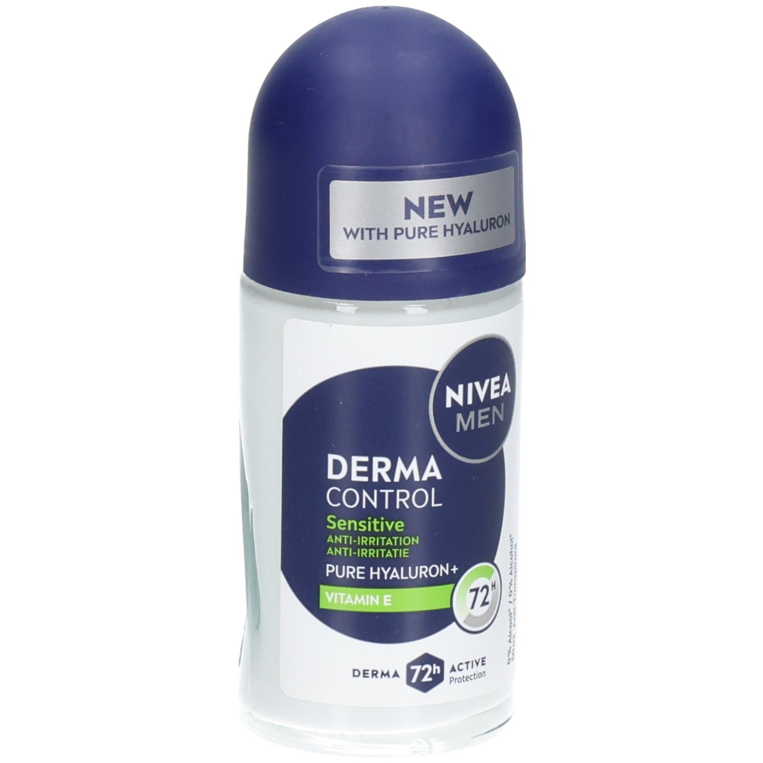 Déodorant roll-on avec bouchon bleu. Inscriptions: NIVEA MEN, Derma Control Sensitive, Pure Hyaluron+, Vitamine E. 72h Active Protection.