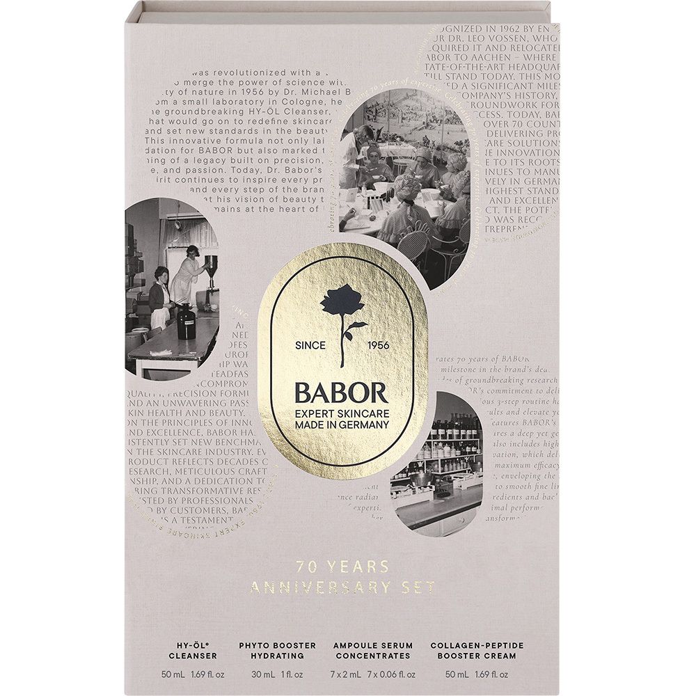 Open geschenkdoos met producten. Bevat flacons, ampullen en crème. Merk BABOR.