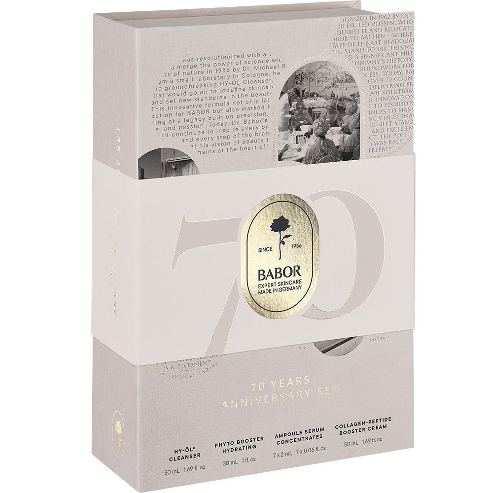 Open geschenkdoos met producten. Bevat flacons, ampullen en crème. Merk BABOR.