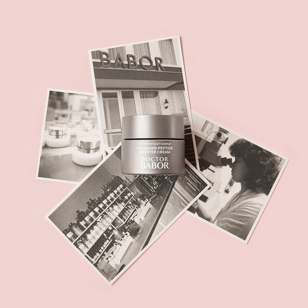 Crèmetiegel met opschrift DOCTOR BABOR. Foto's op de achtergrond.