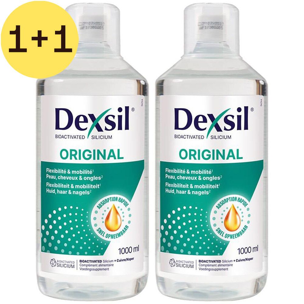Twee flessen DexSil Original Silicium. Witte flessen met groene etiketten. Opschrift: DexSil, Original, Bio-activated Silicium.