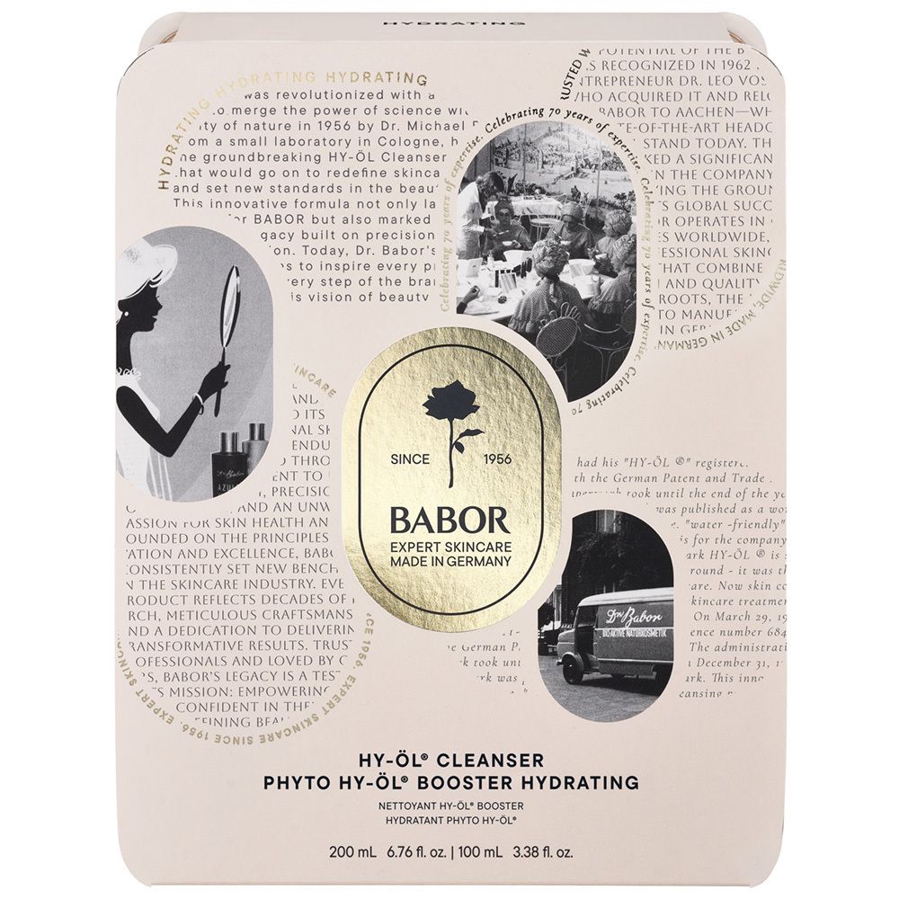 Verpakking met tekst en illustraties. Logo: Babor, roos. Tekst: HY-ÖL® Cleanser, Phyto HY-ÖL® Booster Hydrating.