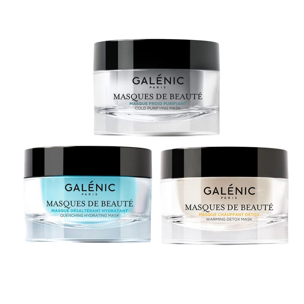 Trois pots de masques pour le visage. Inscription : Galénic Paris, Masques de Beauté. Différentes couleurs et textures.