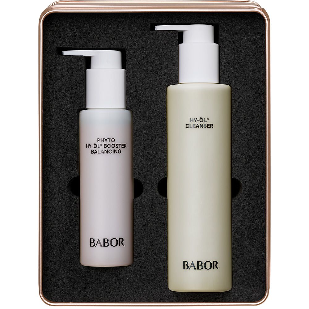 Open metalen doos met twee flessen. Opschrift BABOR. Phyto HY-ÖL® Booster Balancing en HY-ÖL® Cleanser.