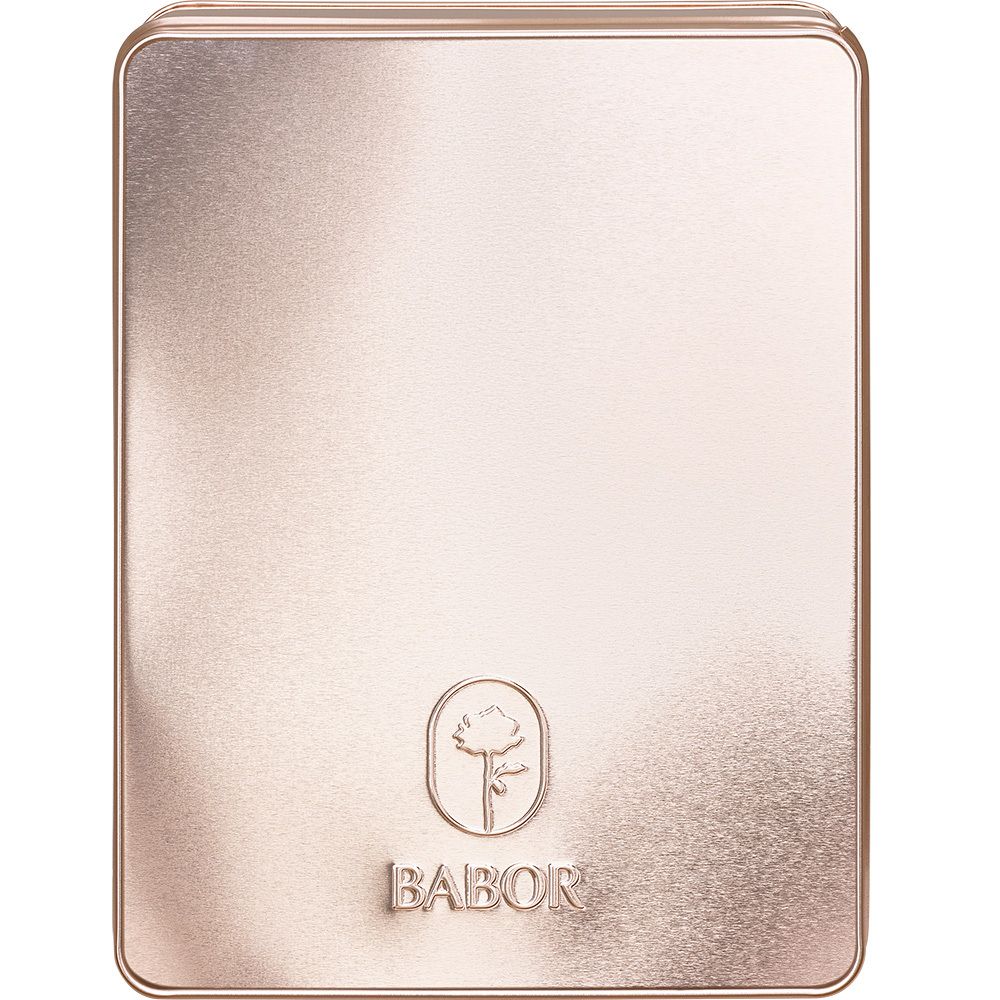 Gesloten metalen doos. Logo met roos en tekst BABOR. Opschrift BABOR.