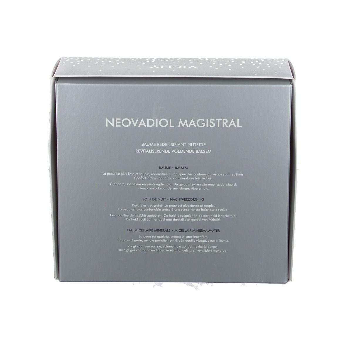 Dos du coffret cadeau avec informations produit multilingues. Texte: Neovadiol Magistral, Baume.