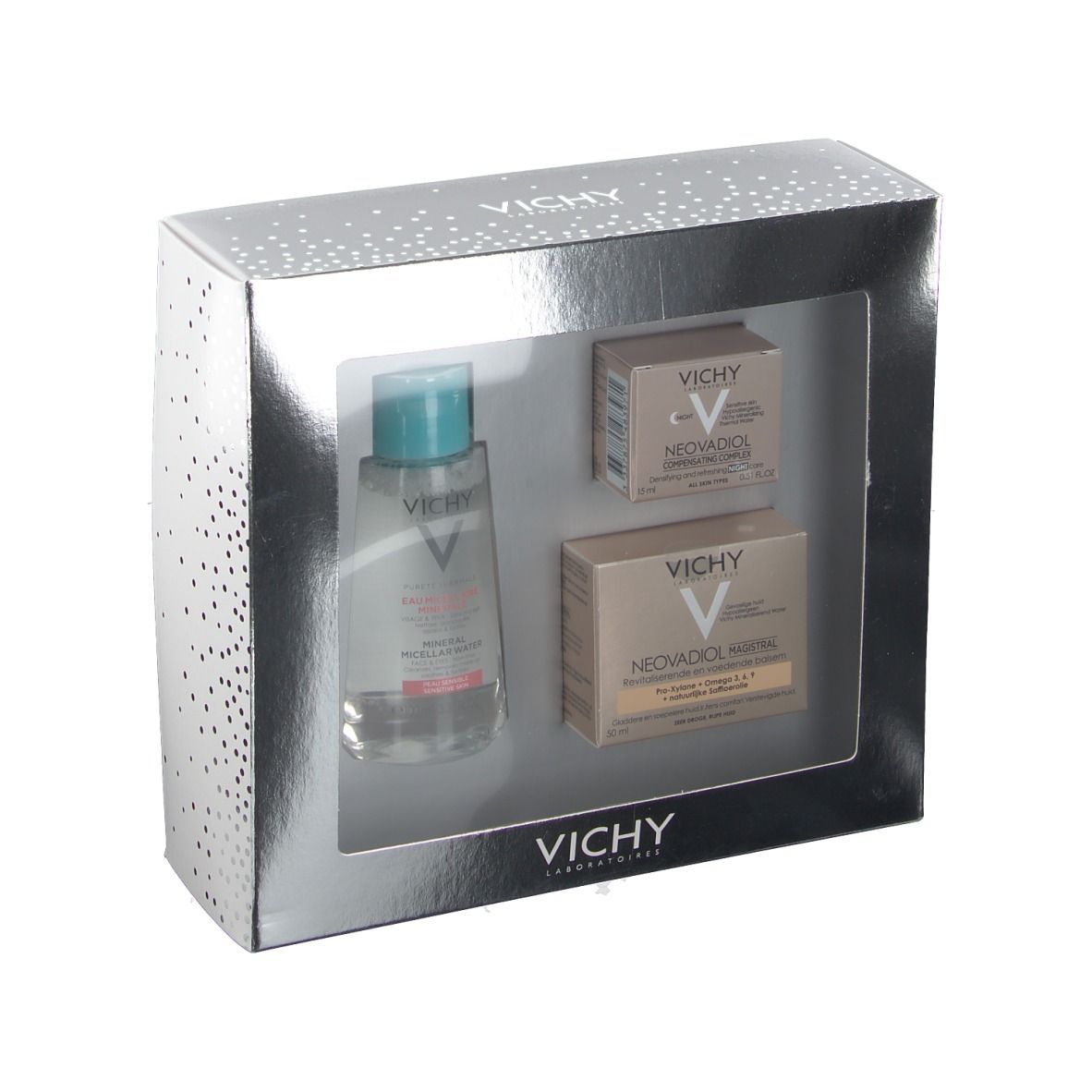 Coffret cadeau Vichy avec fluide micellaire, soin de jour et de nuit. Emballage argenté avec fenêtre transparente.