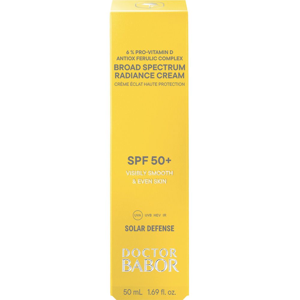 Gele doos met grijze tube. Crème met SPF 50+. Merk: Doctor Babor.