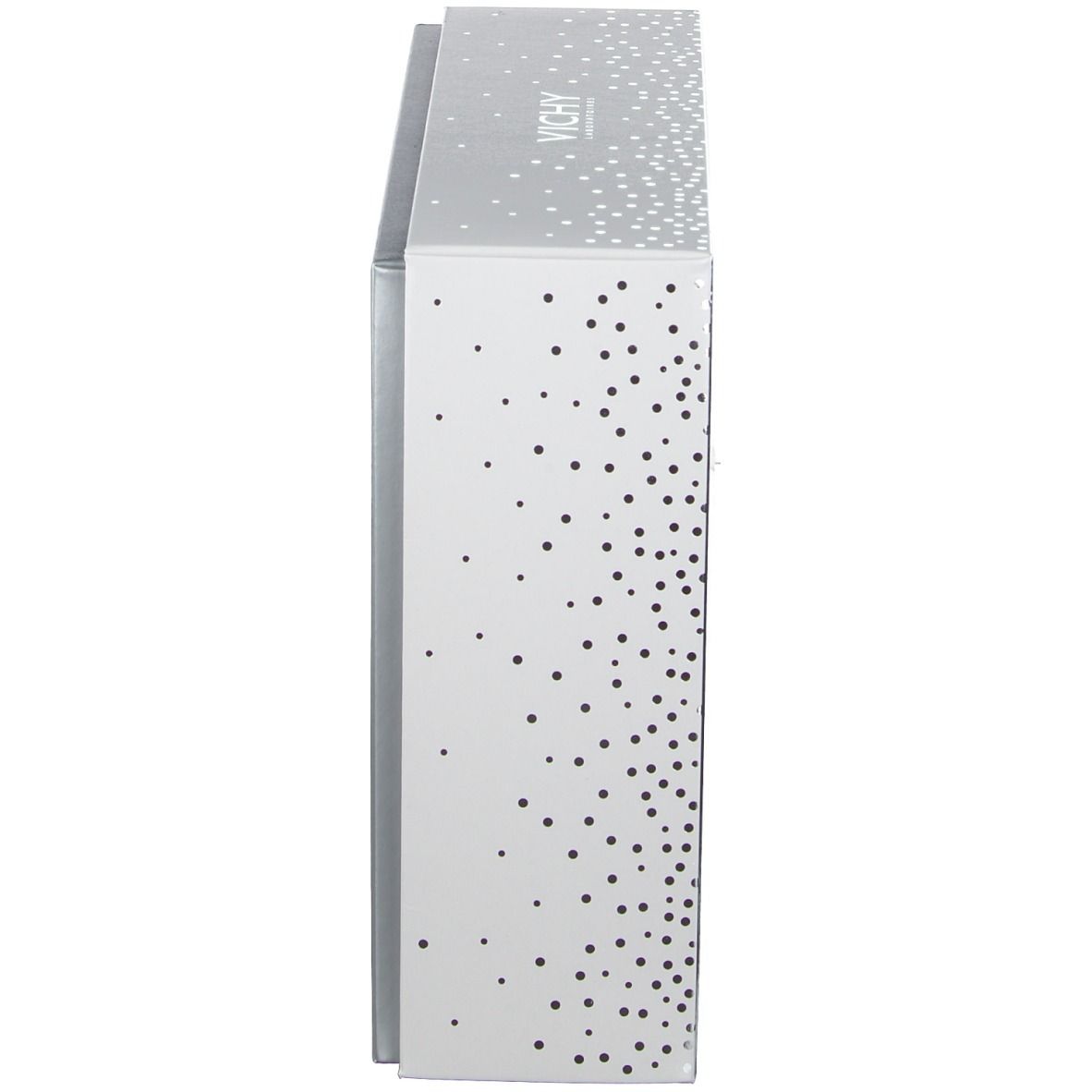 Boîte cadeau argentée Vichy, motif à pois. Vue latérale.