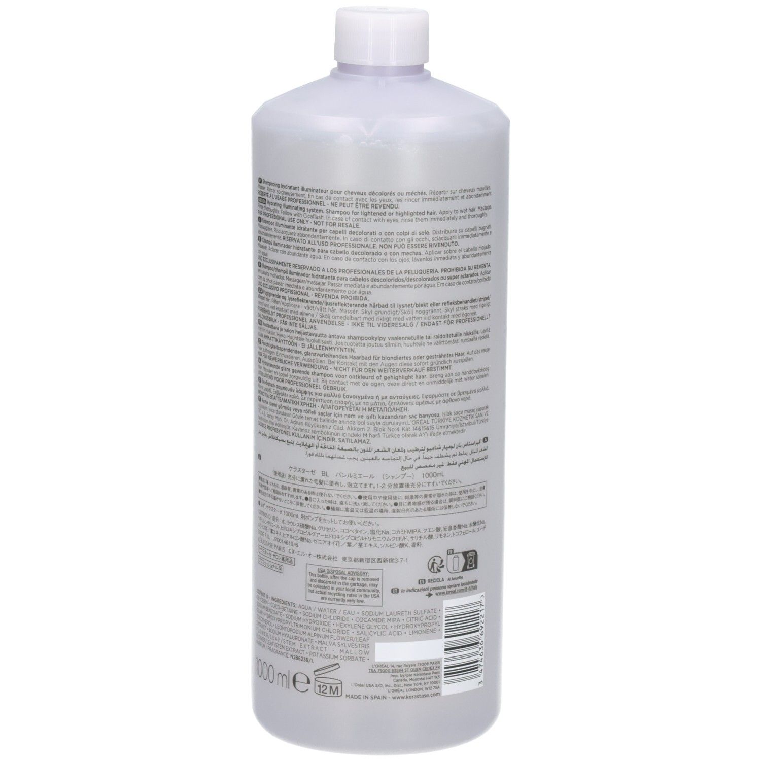 Arrière du flacon de 1000ml Kérastase Blond Absolu Bain Lumière avec informations détaillées.