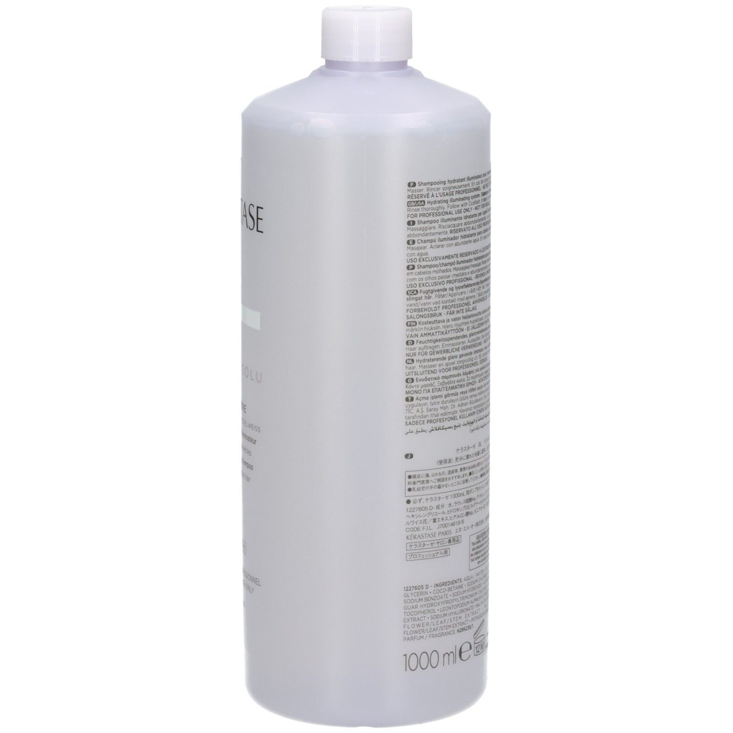 Côté du flacon de 1000ml Kérastase Blond Absolu Bain Lumière avec informations textuelles.