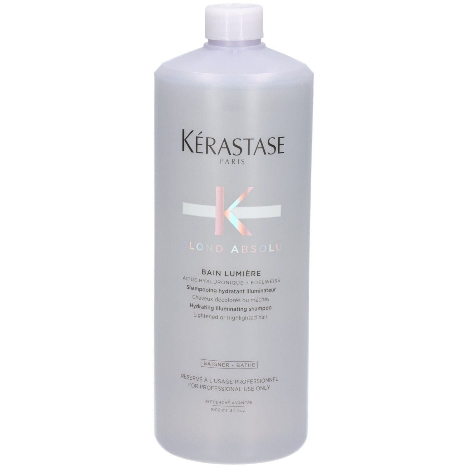 Shampoing Kérastase Blond Absolu Bain Lumière en flacon de 1000ml, légèrement en biais.