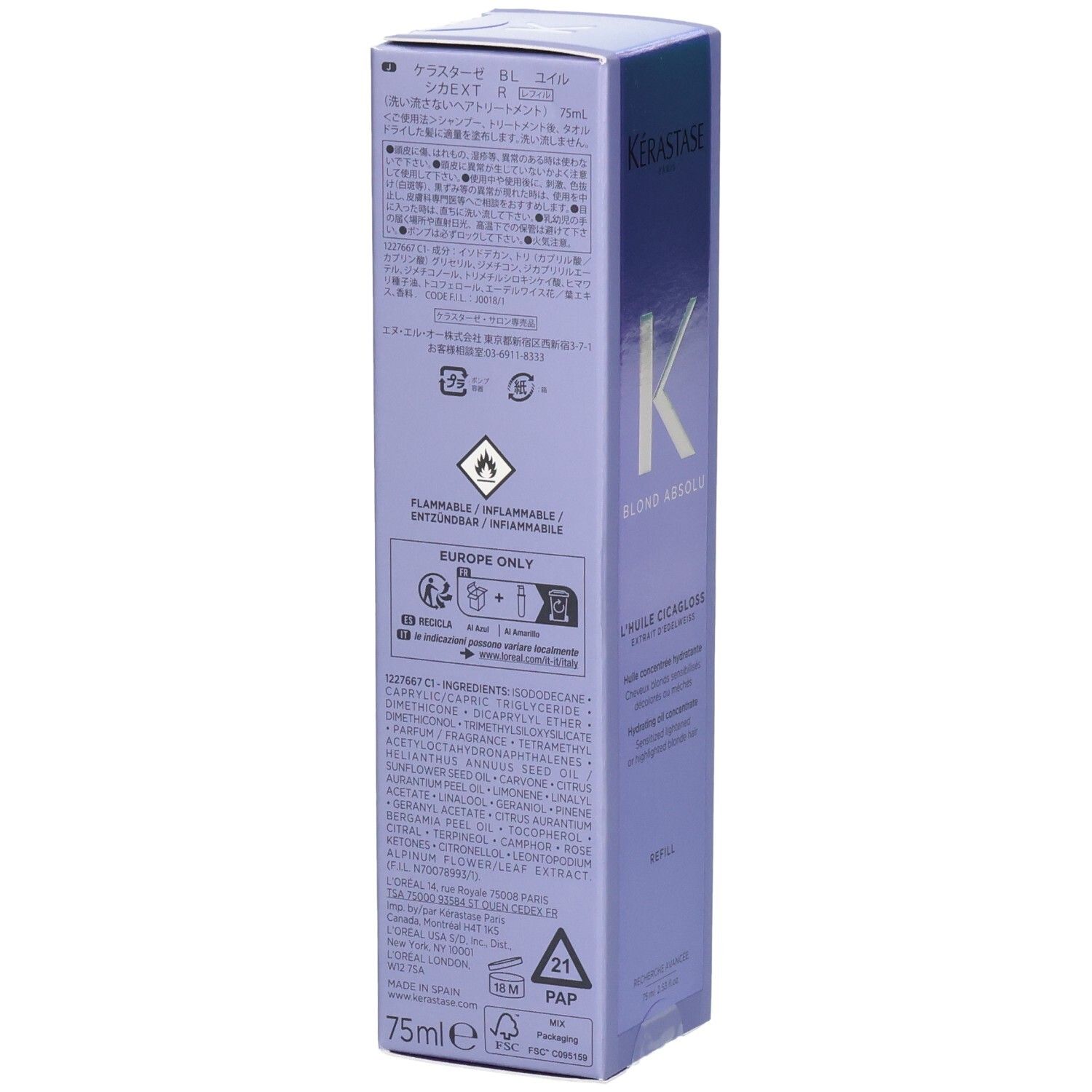 Achterkant van de Kérastase Blond Absolu Huile Cicagloss Recharge verpakking met ingrediënten en waarschuwingen.