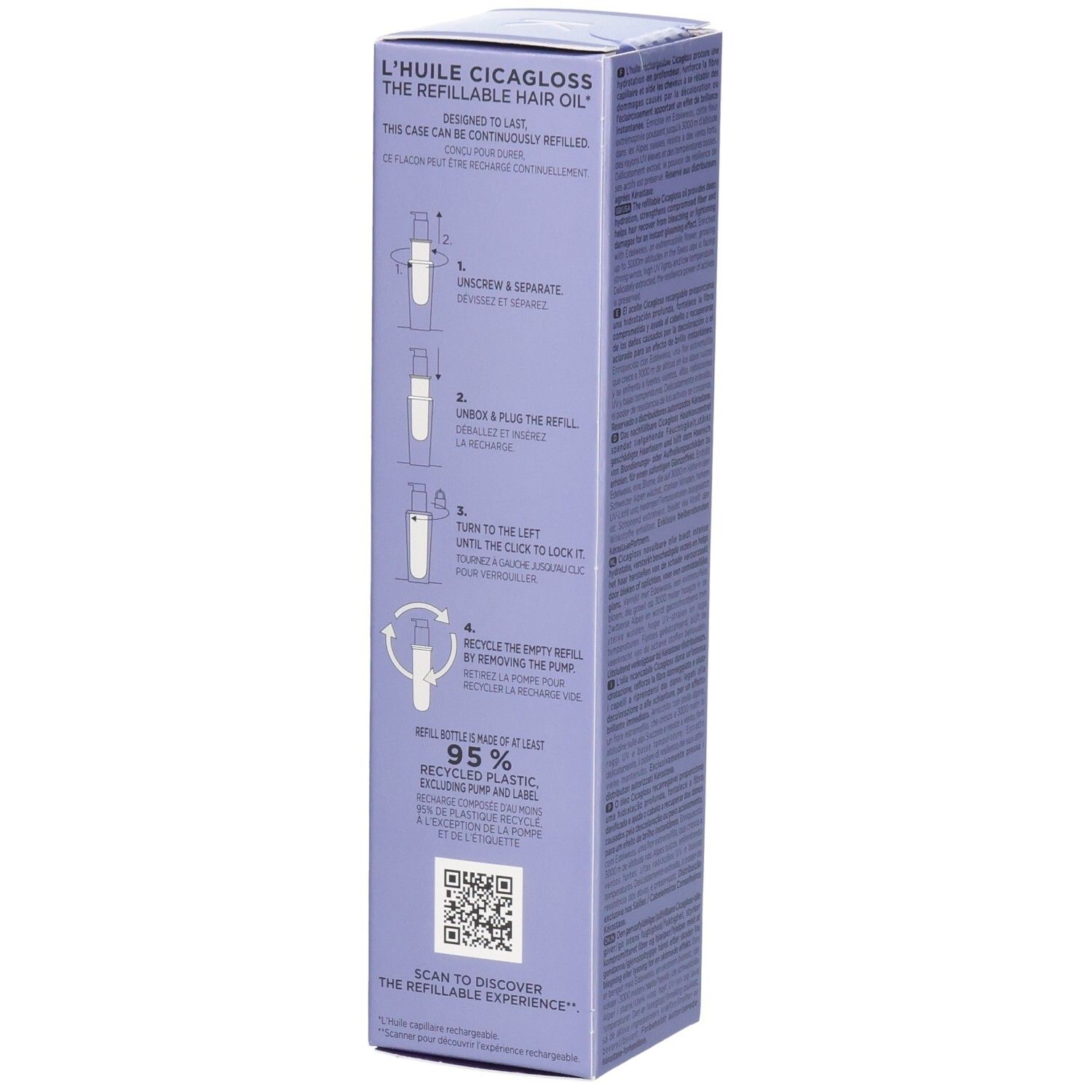 Kérastase Blond Absolu Huile Cicagloss Recharge verpakking met gedetailleerde stappen voor navulling.
