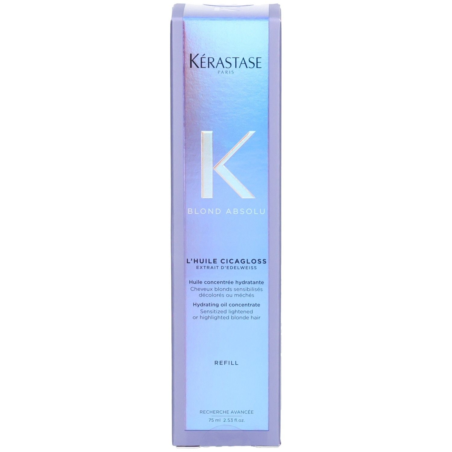 Voorkant van de Kérastase Blond Absolu Huile Cicagloss Recharge verpakking, toont merk en productnaam.