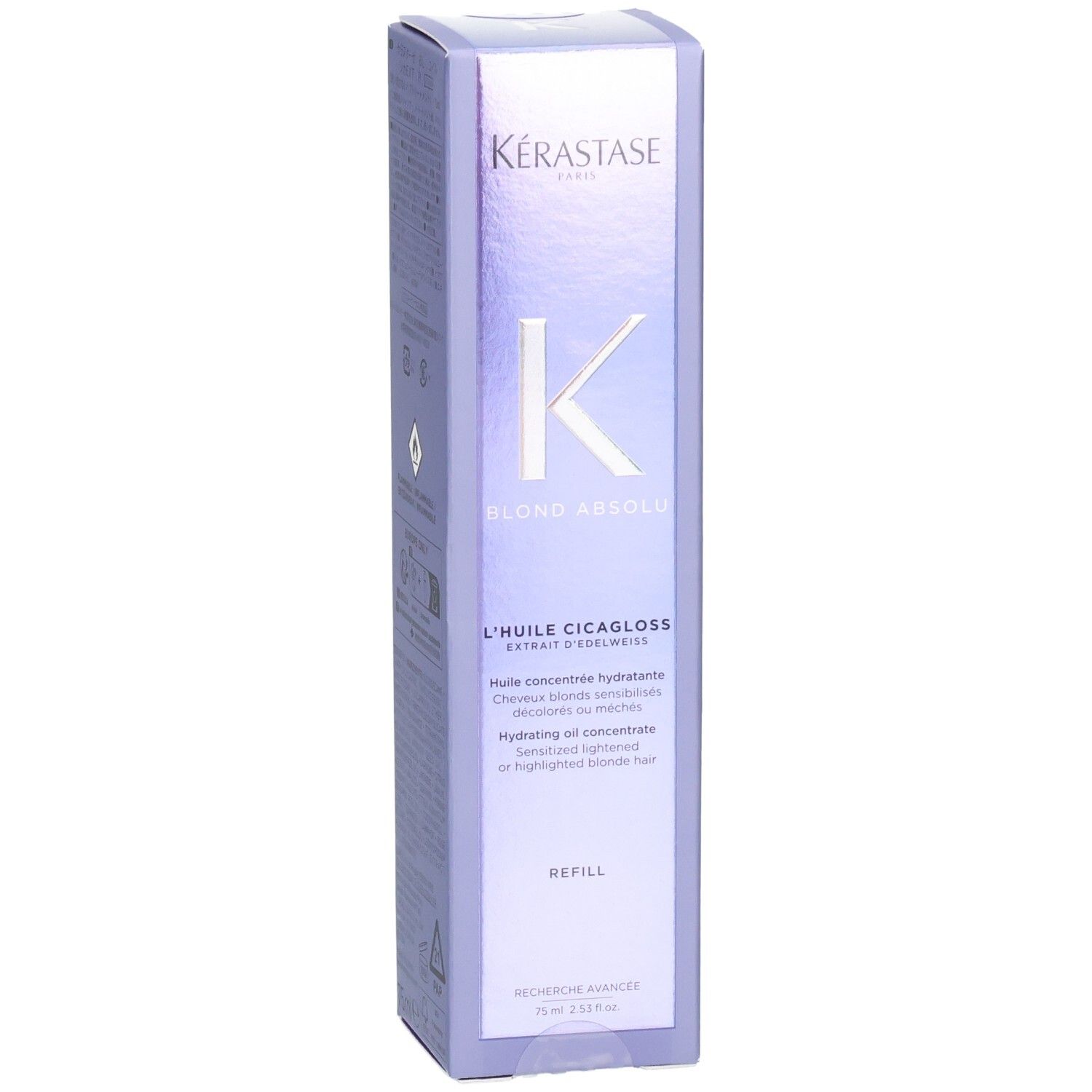 Kérastase Blond Absolu Huile Cicagloss Recharge verpakking, focus op het K-logo en productnaam.