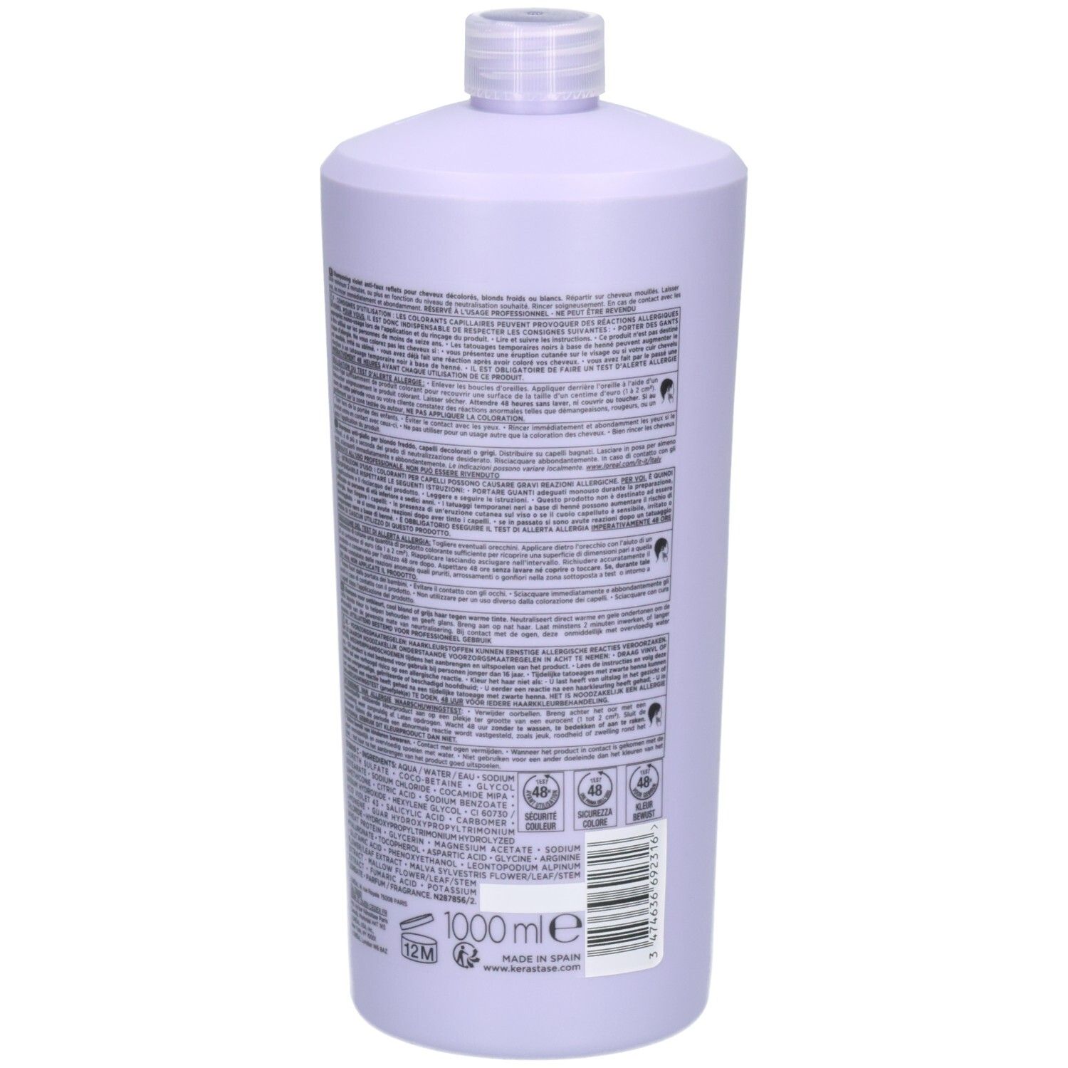 Arrière du flacon de shampoing Kérastase Blond Absolu Bain Ultra-Violet 1000ml avec code-barres et volume.