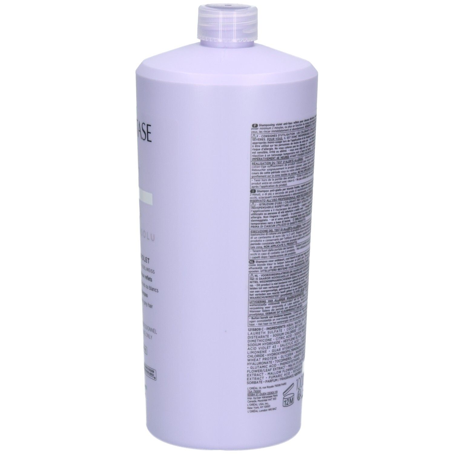 Vue latérale du flacon de shampoing Kérastase Blond Absolu Bain Ultra-Violet 1000ml avec texte.
