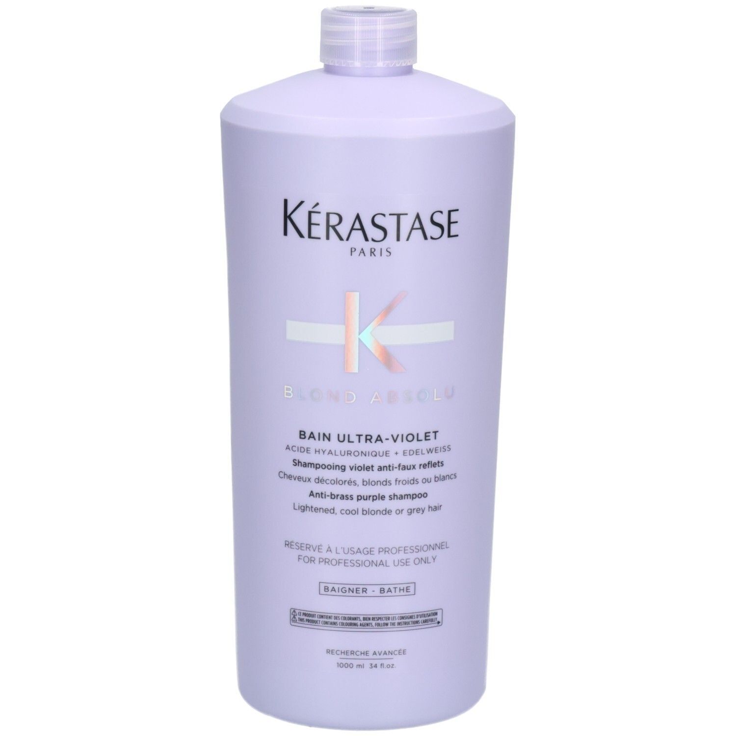 Vue de face du flacon de shampoing Kérastase Blond Absolu Bain Ultra-Violet 1000ml avec logo et texte.