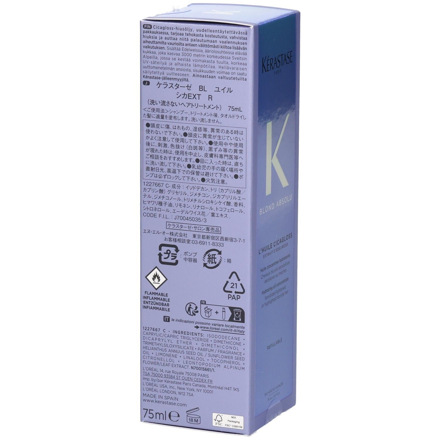 Kérastase Blond Absolu Huile Cicagloss navulbare haarolie verpakking, achterkant met tekst.