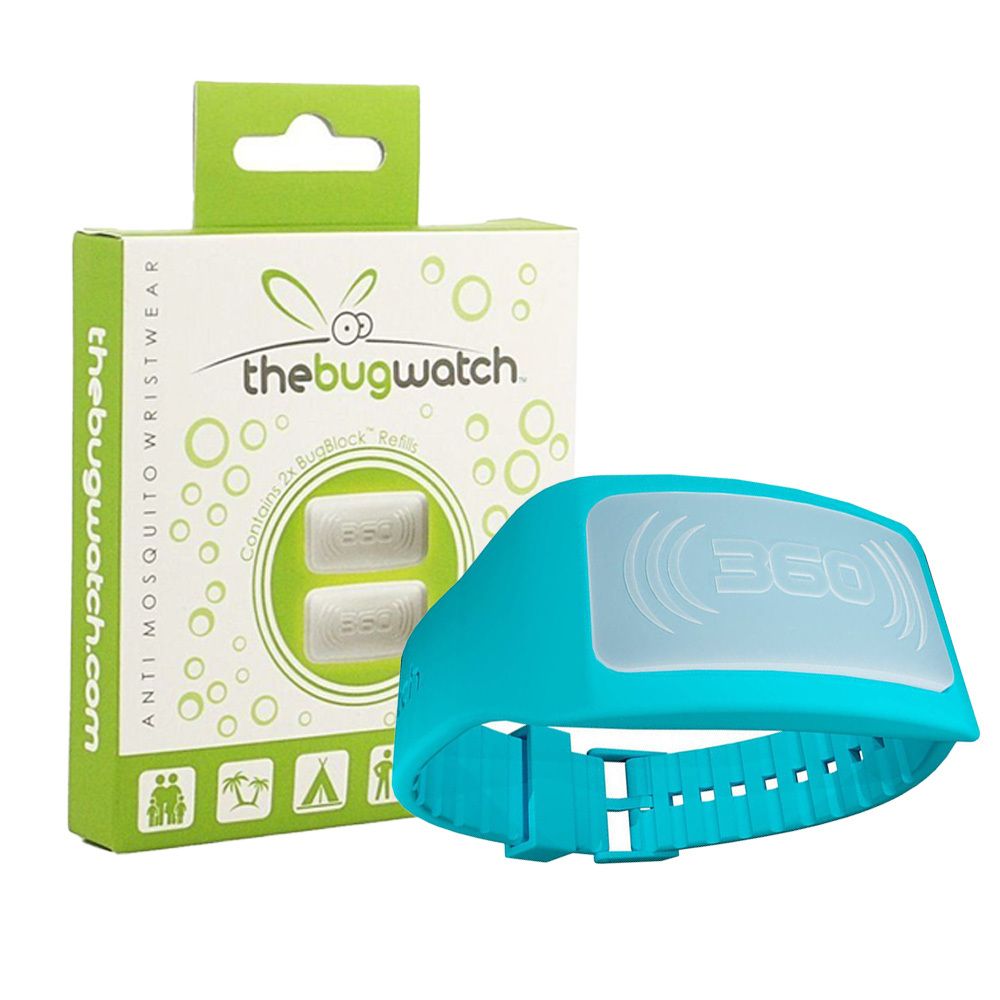 Bracelet turquoise avec insert blanc et emballage. L'emballage porte la mention "thebugwatch" et "ANTI MOSQUITO WRISTWEAR".