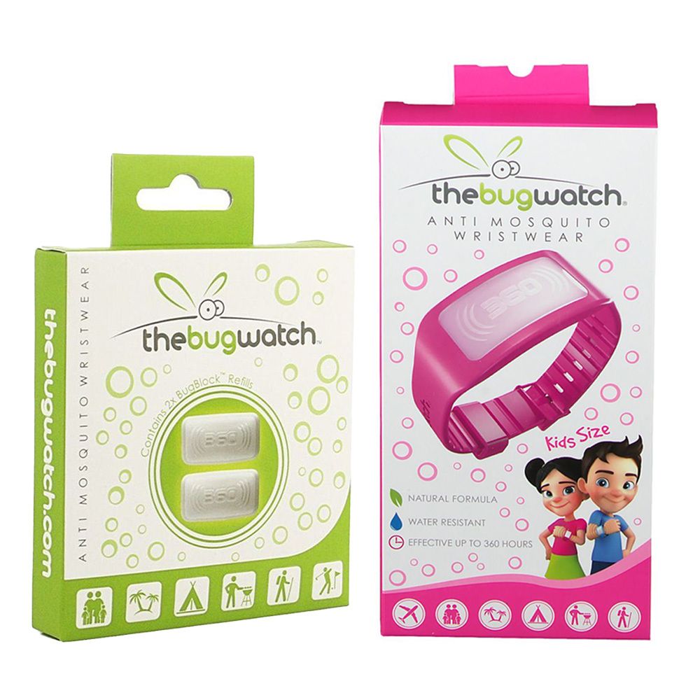 Deux boîtes de produit. Une verte avec deux recharges. Une rose avec un bracelet et une illustration d'enfants.