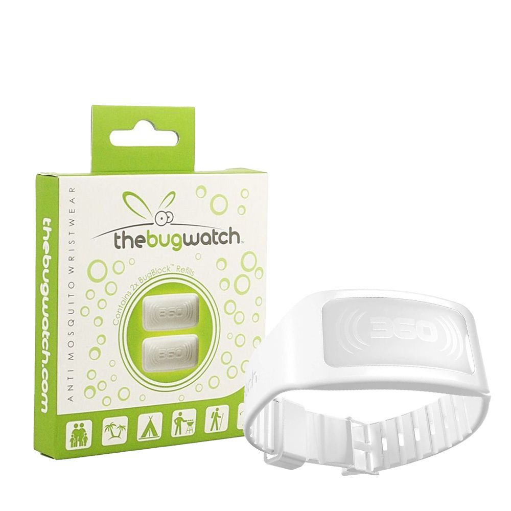 Bracelet blanc et recharge. Emballage avec logo thebugwatch. Contient 2 recharges. Bracelet anti-moustiques.