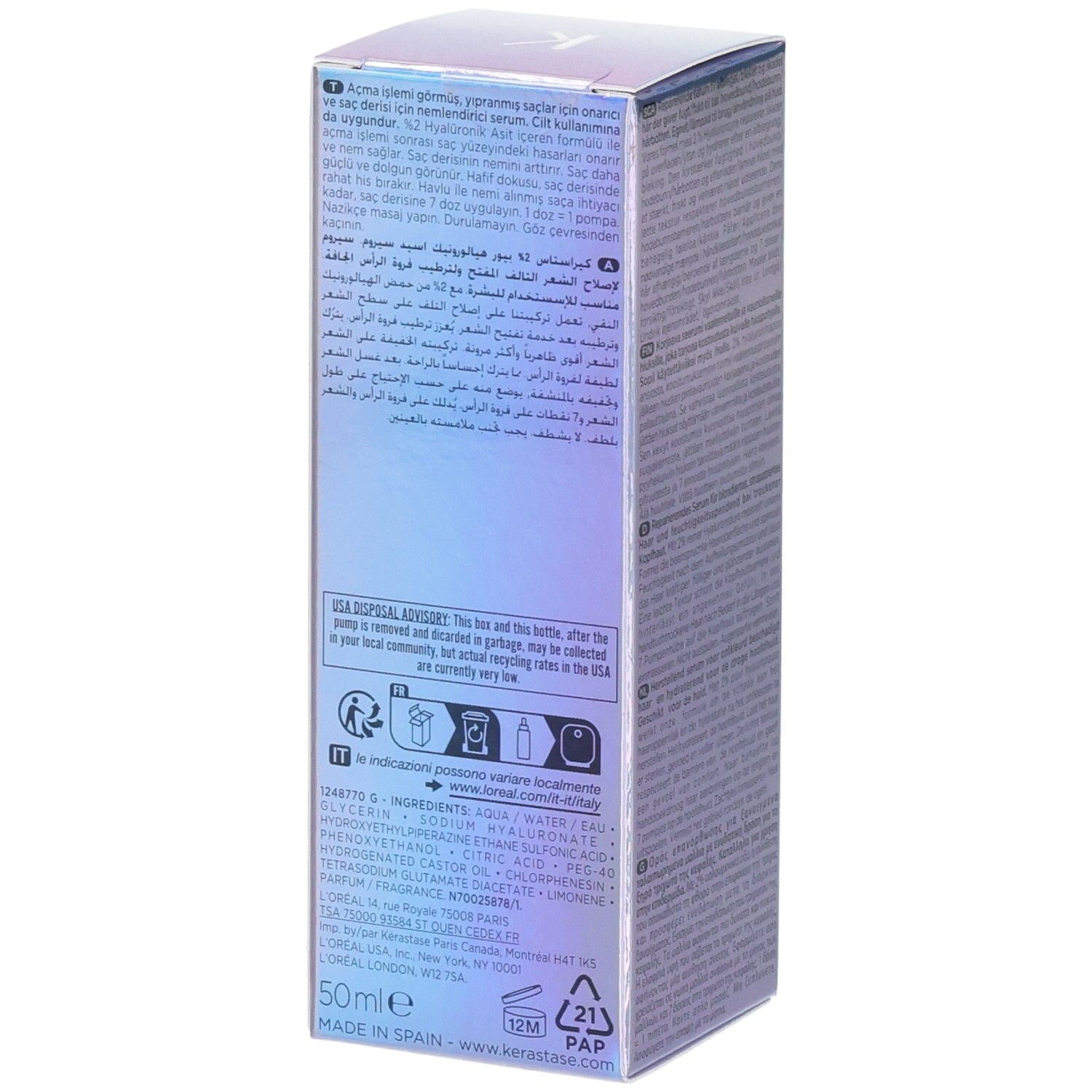 Sérum Kérastase Blond Absolu : boîte avec ingrédients et instructions de recyclage.