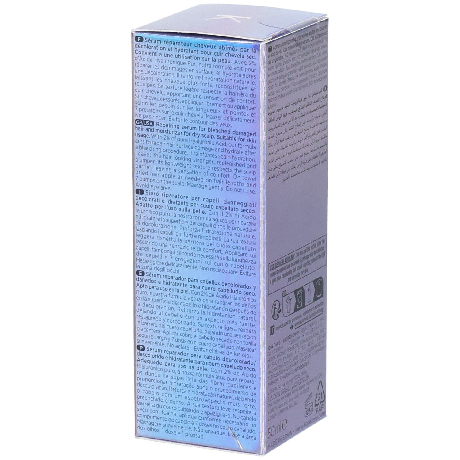 Sérum Kérastase Blond Absolu : boîte avec instructions d'utilisation multilingues.
