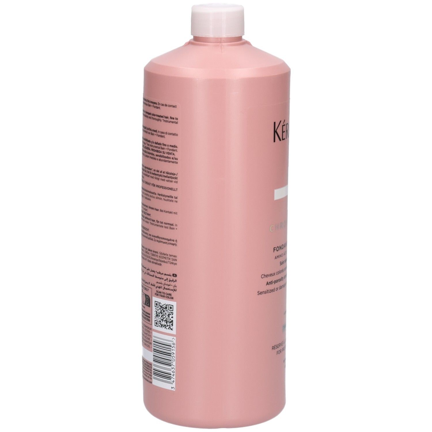 Achterkant van de Kérastase Chroma Absolu Fondant Cica Chroma 1000ml fles met tekst.