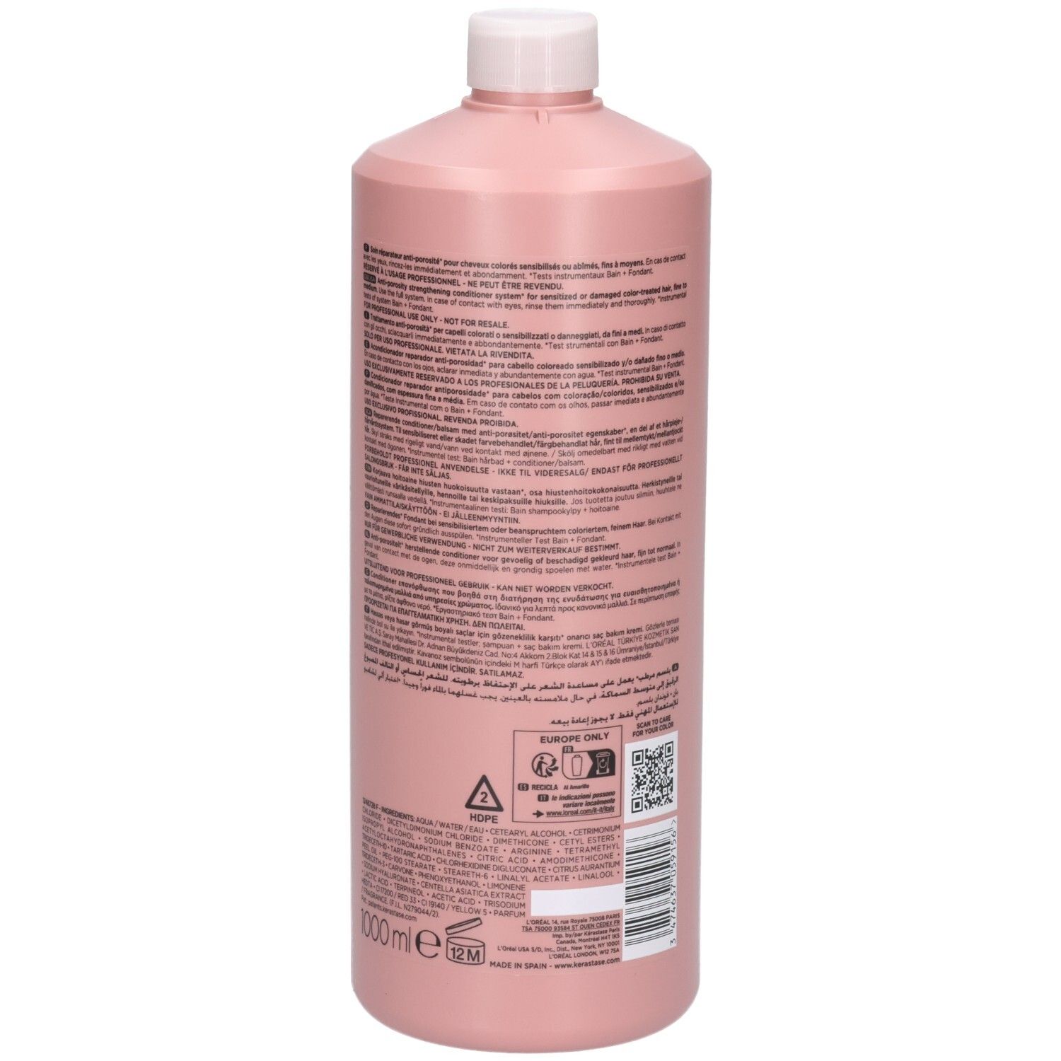 Achterkant van de Kérastase Chroma Absolu Fondant Cica Chroma 1000ml fles met tekst en barcode.